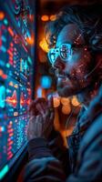 A man with glasses and headset is using a computer photo