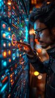A man with glasses is interacting with a screen using his finger photo