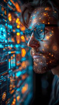 A man with glasses looks at a computer screen in darkness photo