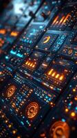 The futuristic digital dashboard includes a holographic interface with advanced data analytics photo