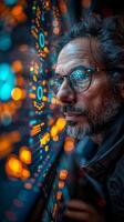 A man in glasses looks out a window at a computer screen photo