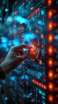 The image shows a futuristic interface where a hand interacts with advanced touchscreen technology photo