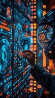 A person with a futuristic helmet touches a screen in this scifi scene photo