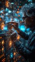 In a server room, a man is busy working on a computer photo