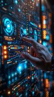 A person is interacting with a hightech display using their finger photo