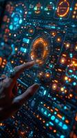 A persons hand is pointing at a hightech display screen in the darkness photo