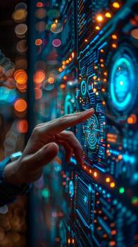 A person is pointing at a futuristic screen with various keywords photo