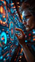 A man with glasses gazes at a computer screen, focusing intently photo