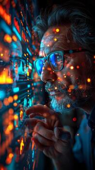 A man wearing glasses focused on a computer screen photo