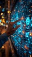 A person is interacting with a hightech display using their finger photo