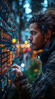 Man in front of screen with numbers, photo, dark, fun, street, art, city photo