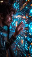 A man is interacting with a hightech display using his finger photo
