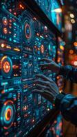 A person is extending their hands to interact with a futuristic digital display photo