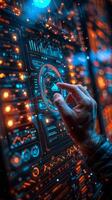 A hand is pressing a button on a futuristic screen with an electric blue glow photo