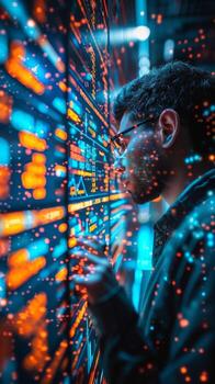A man in glasses looking at a computer screen in a server room photo