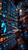 A man with glasses points at a computer screen in an engineering context photo