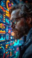 A man with glasses and a beard is focused on a computer screen photo