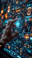 Person uses finger on futuristic screen, interacts with advanced technology photo