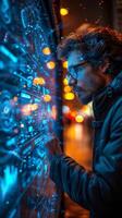 A man wearing glasses looks at an advanced screen, set in the future photo