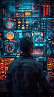 A man stands before computer monitors in a dark room with blue lighting photo