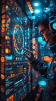 A man wearing a headset is engrossed in observing a futuristic display screen photo