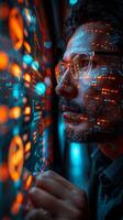 A man, wearing glasses, attentively studies a computer screen in darkness photo