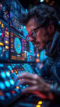 Man with glasses at computer screen in dark space with blue lighting photo