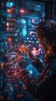 A woman looks at a futuristic screen showing the number 1.6 photo