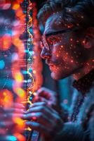 A man in glasses looks out a window with a dna structure on his face photo