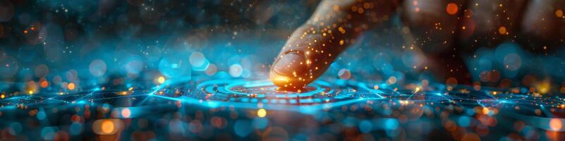 A finger points at a circle of glowing lights, in a macro photograph photo