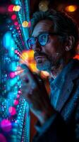 Bearded man in glasses playing musical instrument on stage at concert photo
