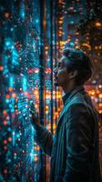 A man is staring at a screen with numerous bright lights on it photo