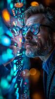 Man with glasses, looking at computer, keywords music, artist photo