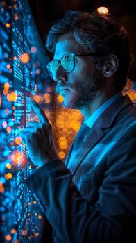 A man in formal attire is gazing at a computer display photo