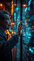 A man looks at a futuristic display in dark setting with electric blue accents photo