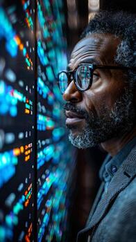 A man wearing glasses and sporting a beard is gazing at a computer monitor photo