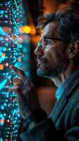 A man wearing glasses is intensely focusing on a computer screen photo