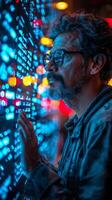 A man, wearing glasses and a beard, is focused on a computer screen photo