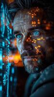 A close up of a mans face with numbers displayed on it photo