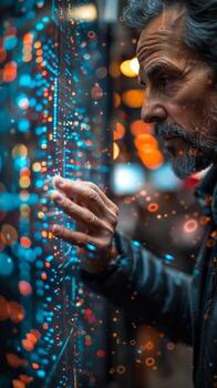 A man with a beard using a futuristic display screen photo