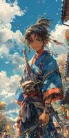 A portrayal of a traditional samurai against a colorful sky, embodying courage and honor photo
