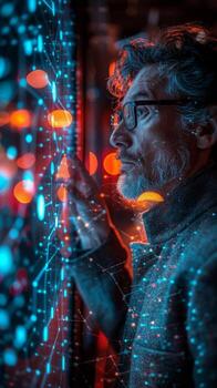 A man wearing glasses is gazing at a hightech display screen photo