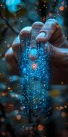 A Hand Holding Digital Sparkling Light in a Mystical Forest Embracing a Futuristic Concept photo