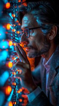A man with glasses is staring at a computer screen with a focused expression photo