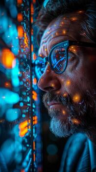 A man in glasses is focused on his computer screen, engaged in work photo