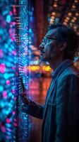 A man watching a screen with vibrant lights, fully engaged in entertainment photo