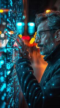 A man wearing glasses gazes at a hightech display photo