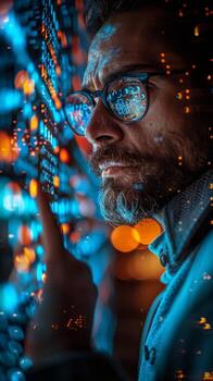 A man wearing glasses is focused on a computer monitor photo