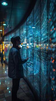 A man is standing in front of a large screen, observing it intently photo
