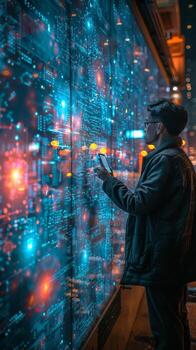 un hombre soportes frente a un grande pantalla, observando eso atentamente foto
